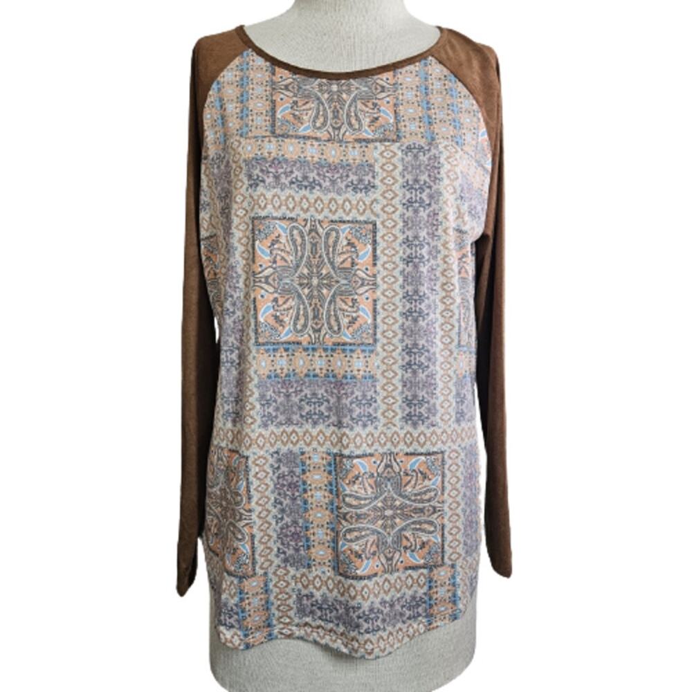 Brown Long Faux Suede Sleeves Baseball Tee Size Small